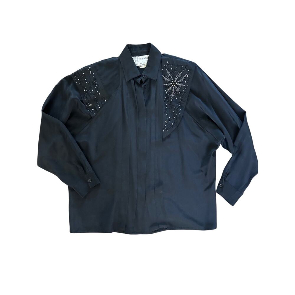 Gary Fabrikant Vintage Silk Shirt Womens SZ14 Black Beaded Western 80s 90s - Picture 5 of 8